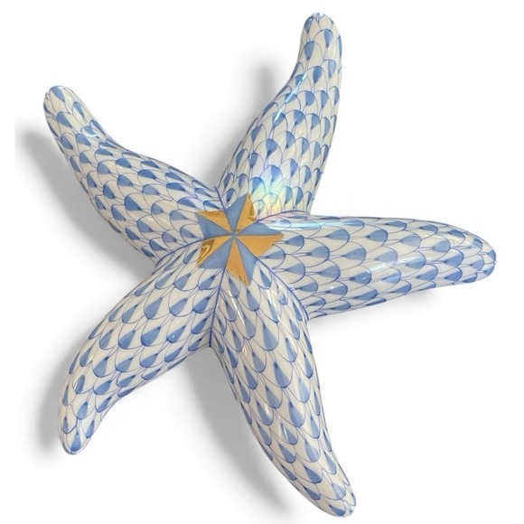 Herend Blue Fishnet Porcelain Starfish Figurine 24K Gold Coatal Heirloom 4-5
